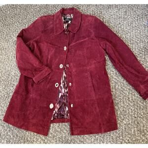 Dennis Basso Coat Suede Leather Turn Lock Burgundy L Minimalist Elegant Classic